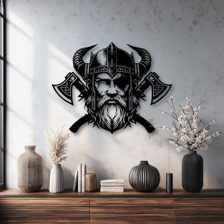 The brightest area, an illuminated white wall, provides a stark contrast to the black decorative metal art of a Viking warrior.