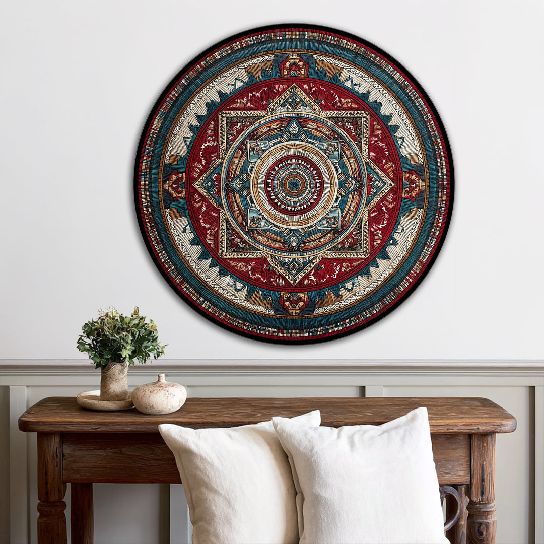 Negative space surrounds the ornate geometric mandala in this oil painting artwork, accentuating its vibrant, round shape and intricate details.