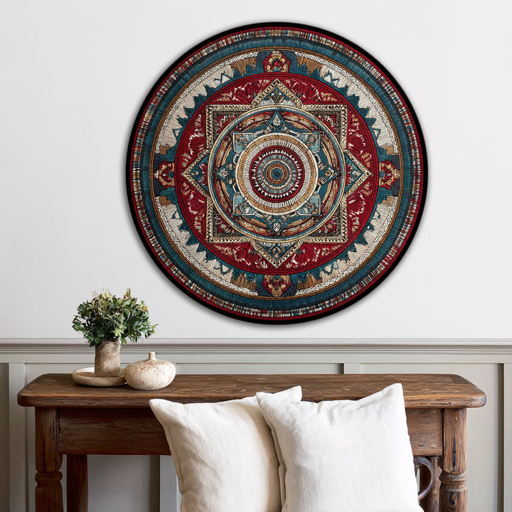 Negative space surrounds the ornate geometric mandala in this oil painting artwork, accentuating its vibrant, round shape and intricate details.