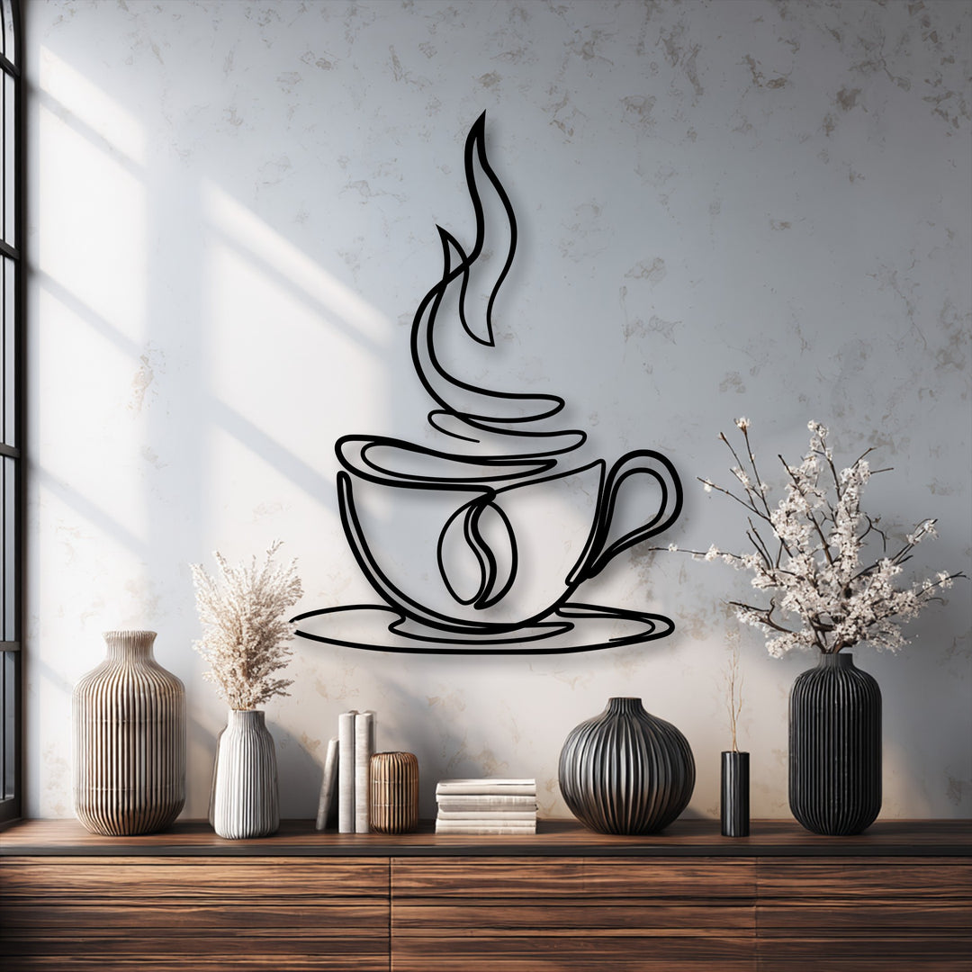 The gently swirling steam rising from the coffee cup in this unique metal wall art offers a soft, comforting visual.