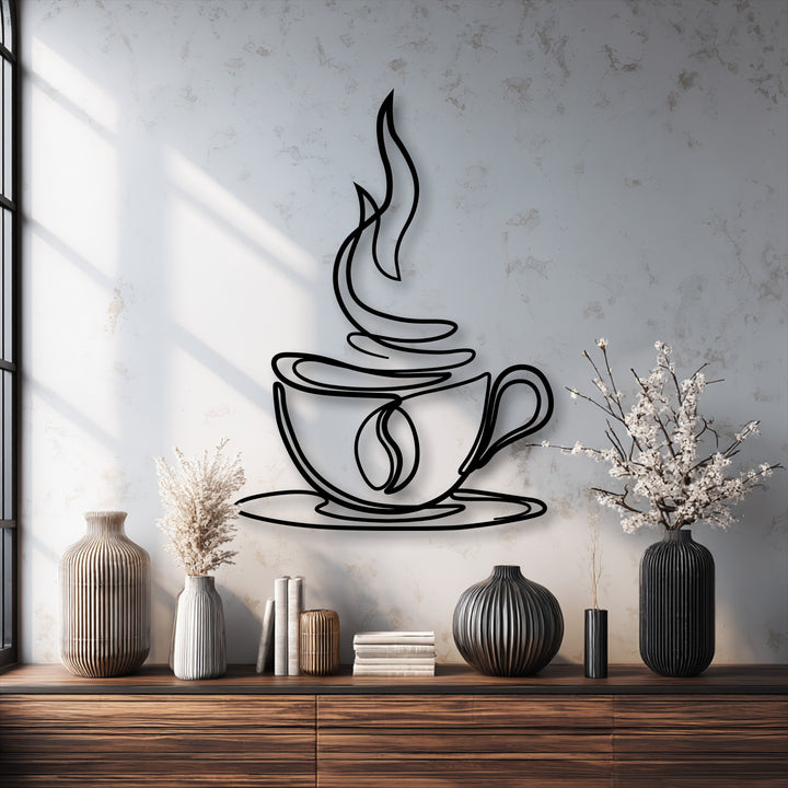 The gently swirling steam rising from the coffee cup in this unique metal wall art offers a soft, comforting visual.