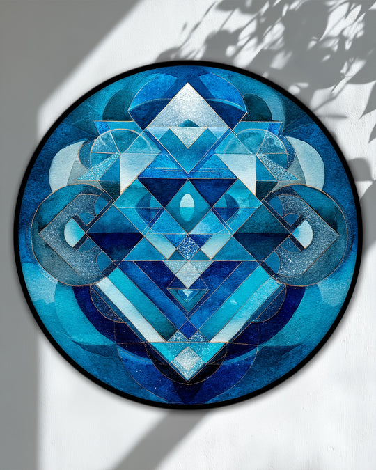 A faint shadow of foliage falls on the bright white wall behind a round sacred blue geometry mandala abstract canvas art prints.