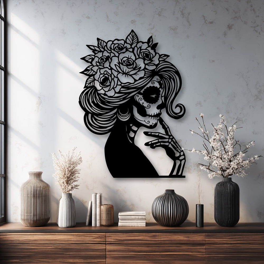 Geometric lines define this captivating Floral Sugar Skull Lady metal artwork, showcasing intricate patterns and bold silhouettes.