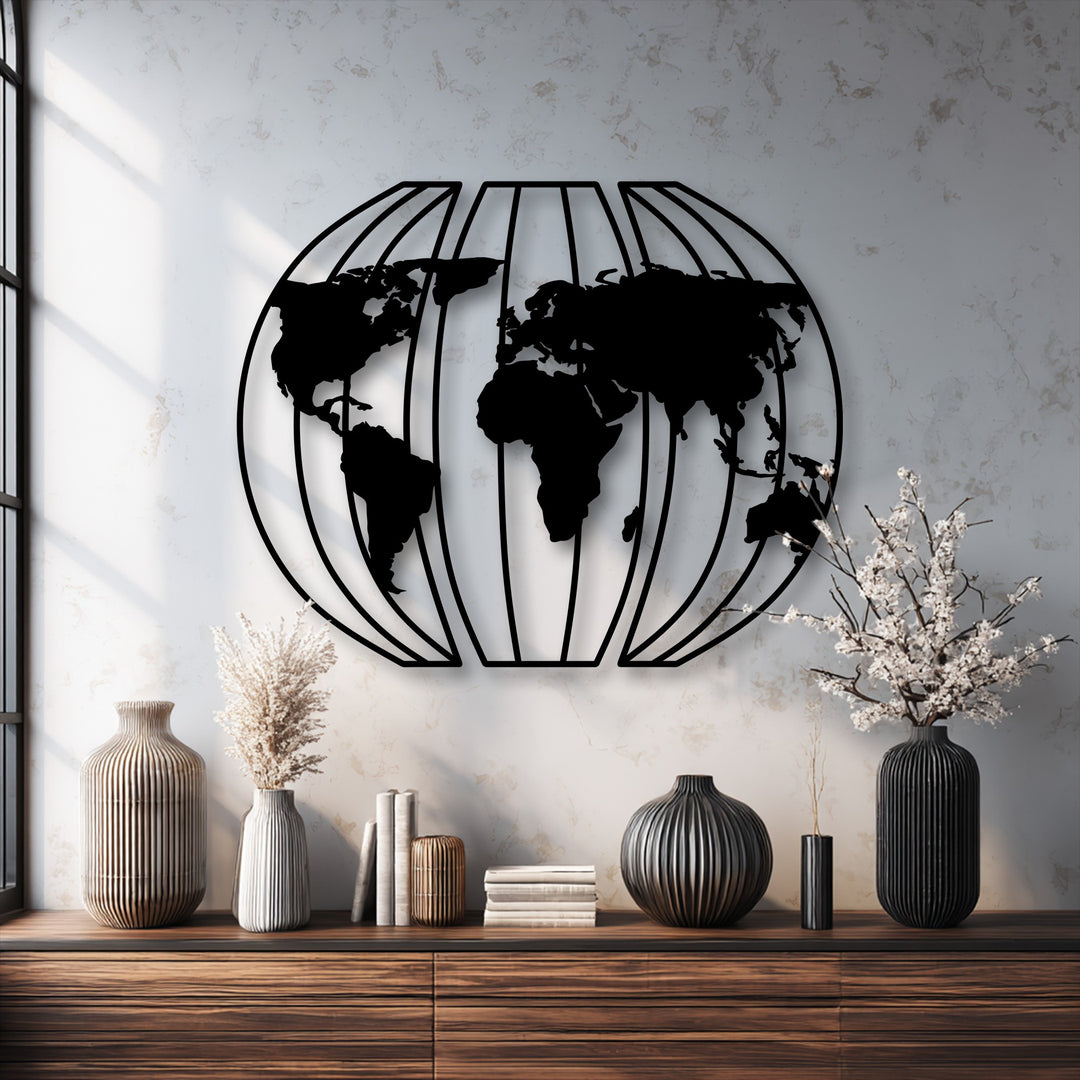 The striking matte black finish of this modern 3D Globe World Map metal wall decor adds a sleek, contemporary touch.