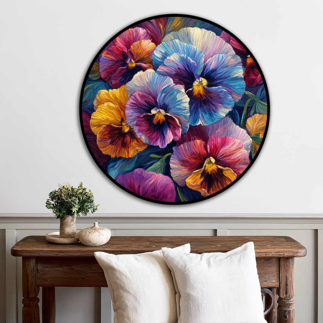 Vibrant, boldly colored pansies are the loudest element in this round floral oil painting reproduction print, adding warmth and texture to any interior space.