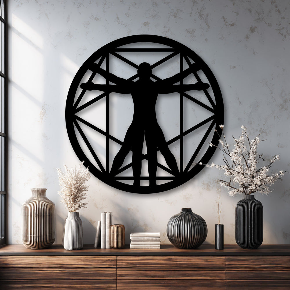 The compelling layering effect of the Vitruvian Man geometric circle metal wall decor creates a striking shadow against the subtle textured wall.