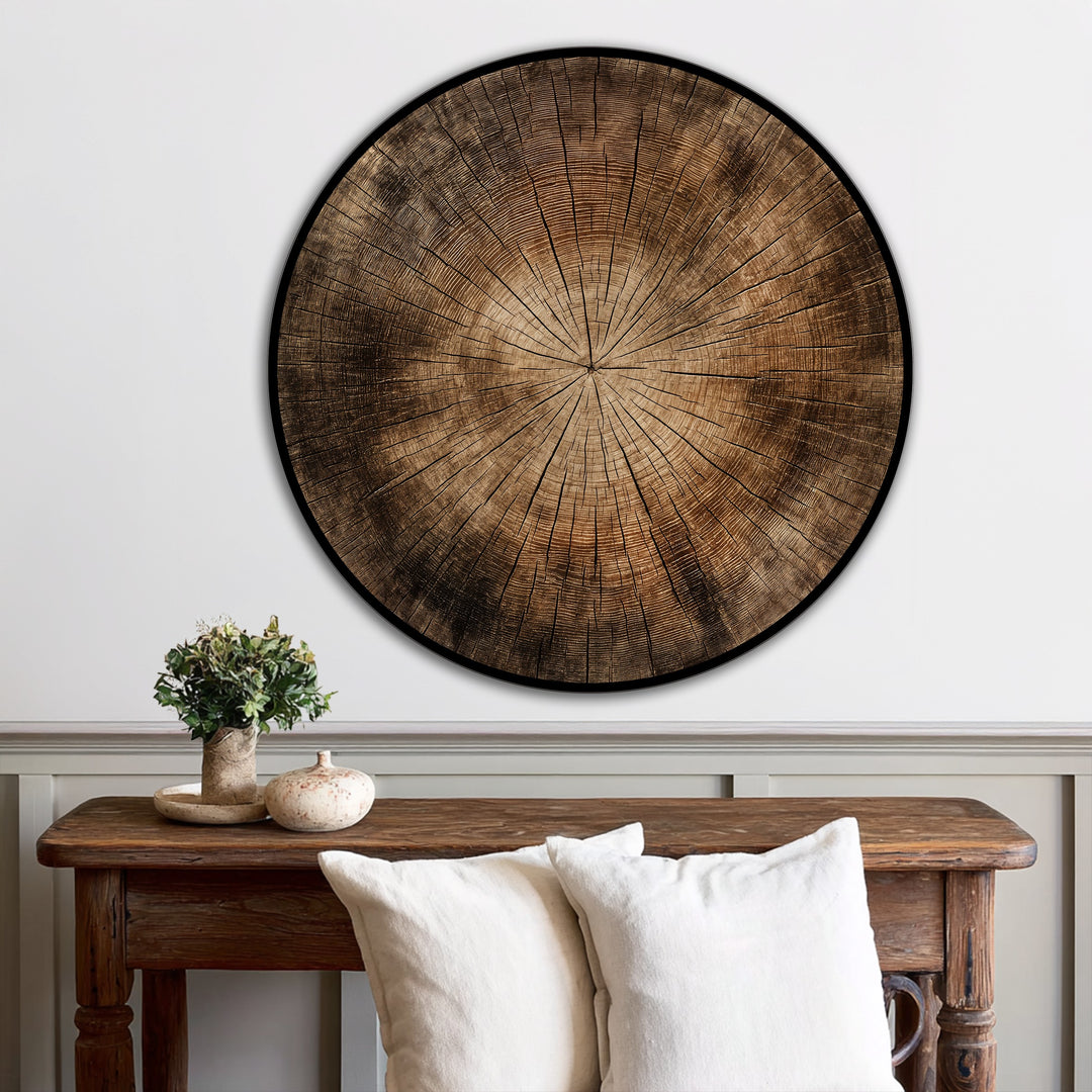 Timeless Growth – Natural Wood Texture Round Oil Painting
