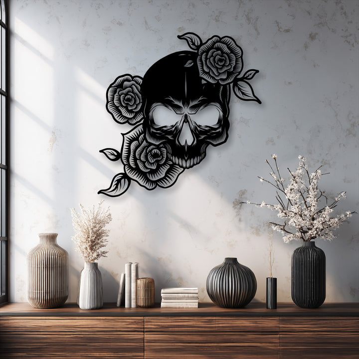 The central subject is a striking floral skull decorative metal art piece, showcasing a gothic rose skeleton design.