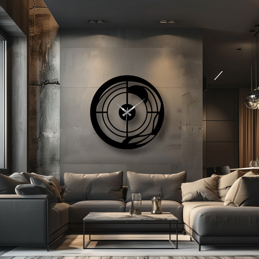 Light and shadow emphasize the spiral design of this metal wall clock, showcasing its modern abstract form and adding depth to the geometric metal wall decor.