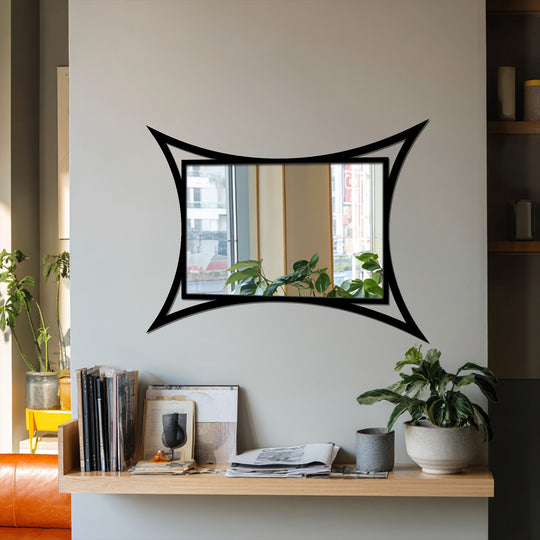 The curved frame and rectangular mirror within create a striking visual rhythm, highlighting the modern sculptural statement design of this metal artwork.