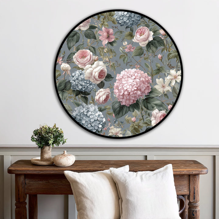 The realistic detail of the vintage garden roses and hydrangeas is captured beautifully in this romantic floral round oil painting artwork, featuring soft pastel tones and elegant composition.