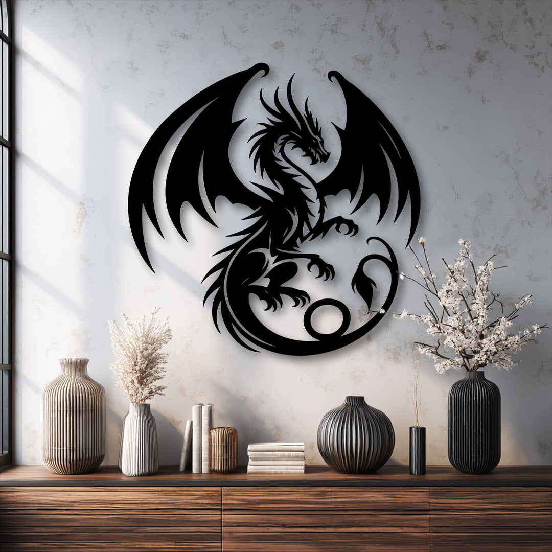 Geometric elements on this majestic dragon metal art for wall, including sharp angles and fluid curves, form a striking silhouette.