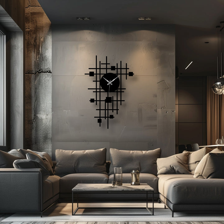 Organic shapes accent the abstract grid metal wall clock with its geometric lines, making it a focal point for unique metal wall art home decor.