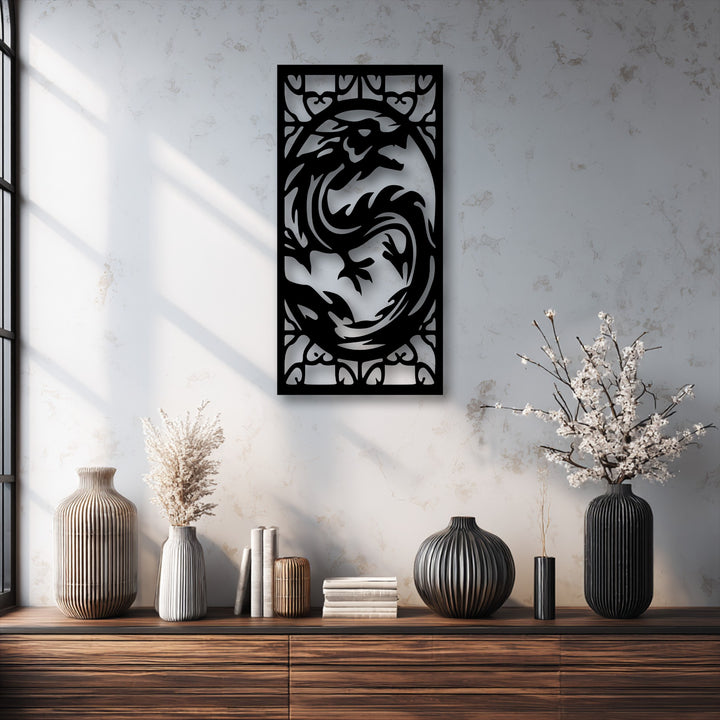 A bold vertical decorative metal art panel features two fiercely intertwined dragons, creating a striking mythical creature display.
