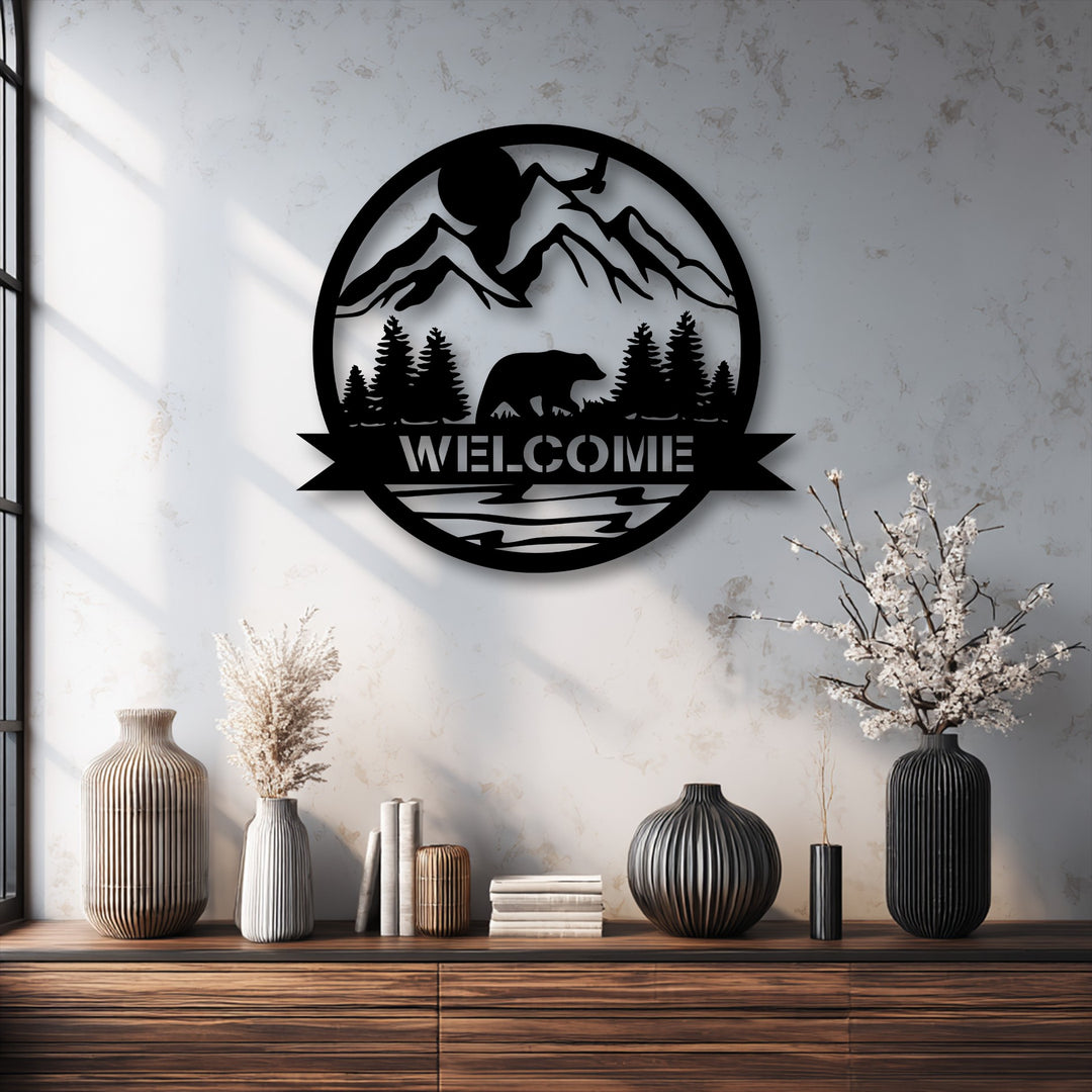 The exceptional material quality of this intricate metal art for wall showcases a mountain bear welcome sign with detailed forest and lake scenes.