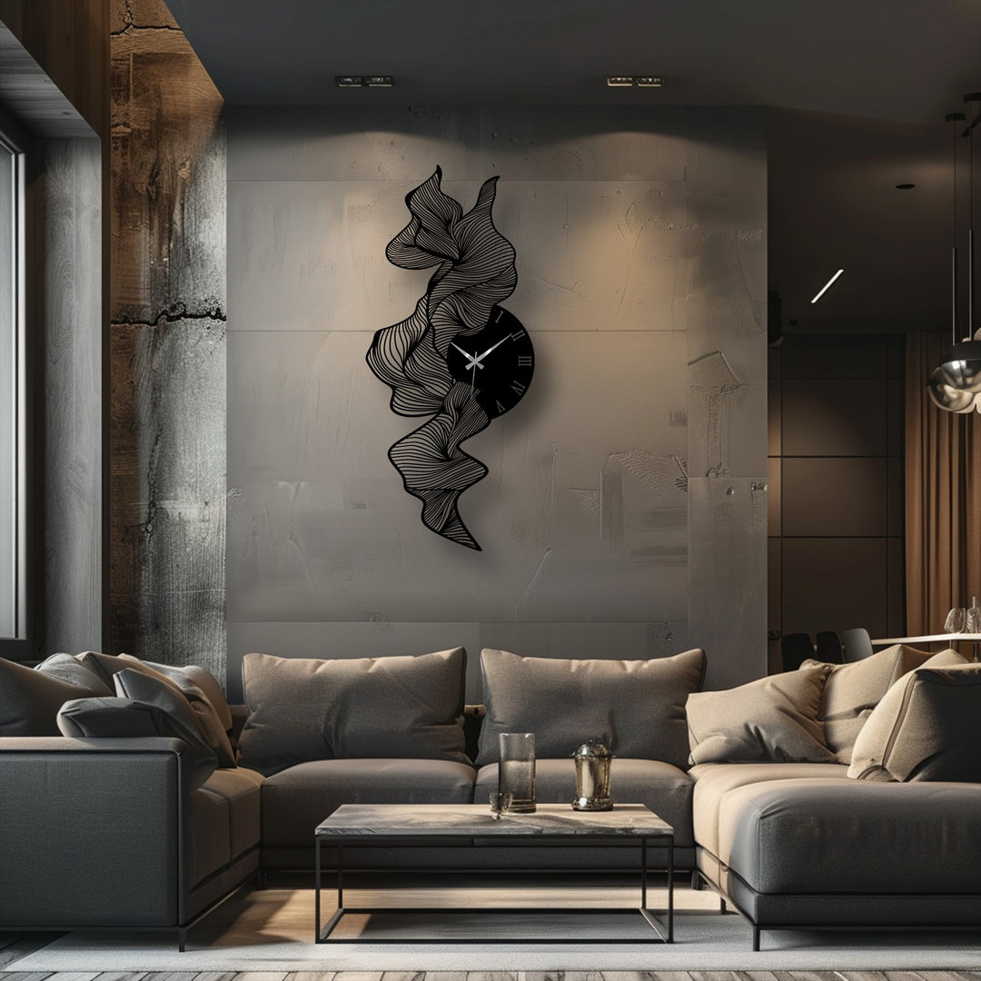 Crafted from durable metal, this flowing abstract wave metal wall clock showcases unique metal wall art with its intricate lines and modern, artistic construction.