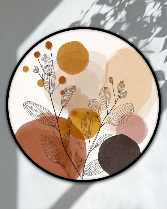 Featuring a black edge, this round canvas print is among the best canvas prints, showcasing modern minimal wall art with earthy shapes and a clean border.