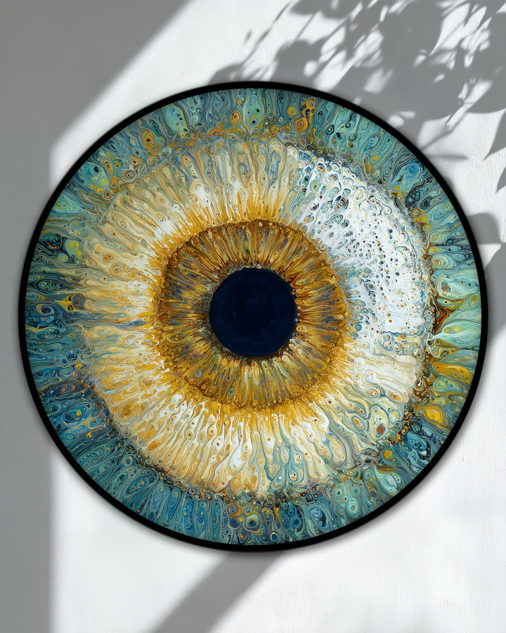 Layers of swirling color create a mesmerizing depth in this abstract round canvas artwork featuring a radiant eye design.
