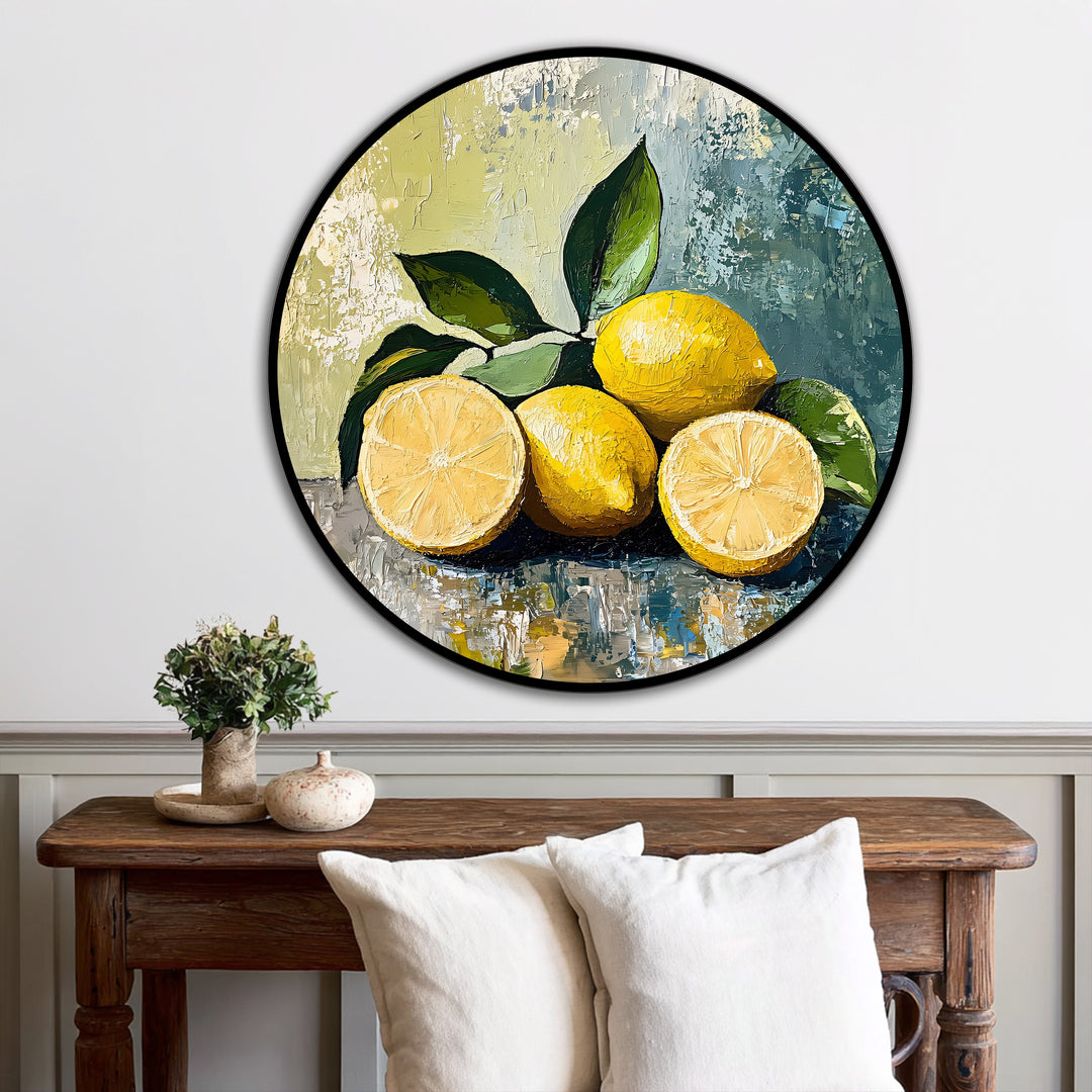 Brushstrokes create a tactile depth and layers within the sunlit citrus, a fresh lemon still life modern oil painting art radiating from a round canvas.