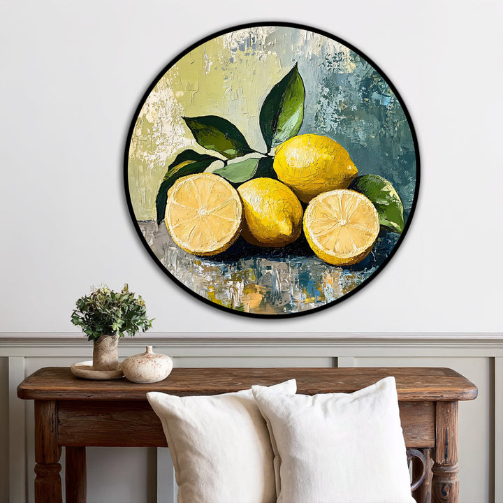 Brushstrokes create a tactile depth and layers within the sunlit citrus, a fresh lemon still life modern oil painting art radiating from a round canvas.