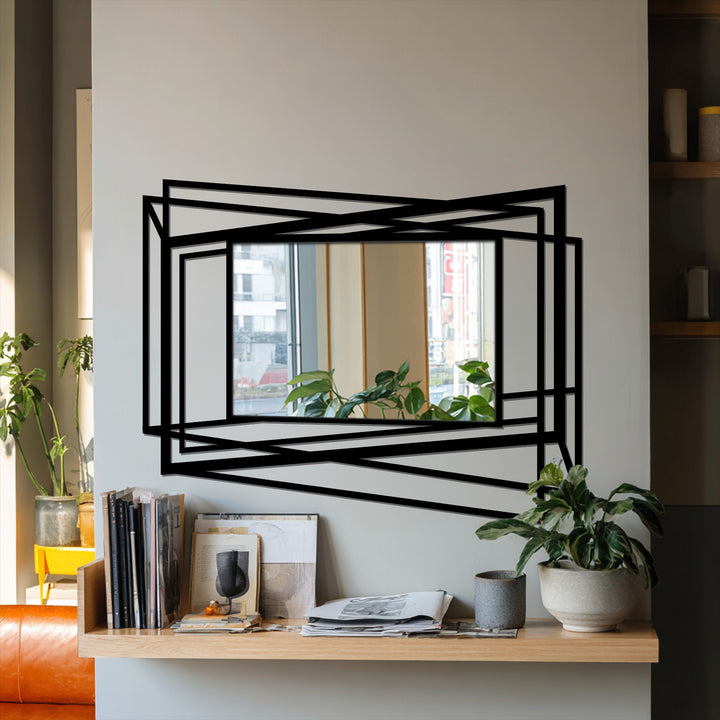 Reflected in the modern mirror, leafy plants soften the sharp angles of the geometric frame floor mirror's layered, overlapping organic forms.