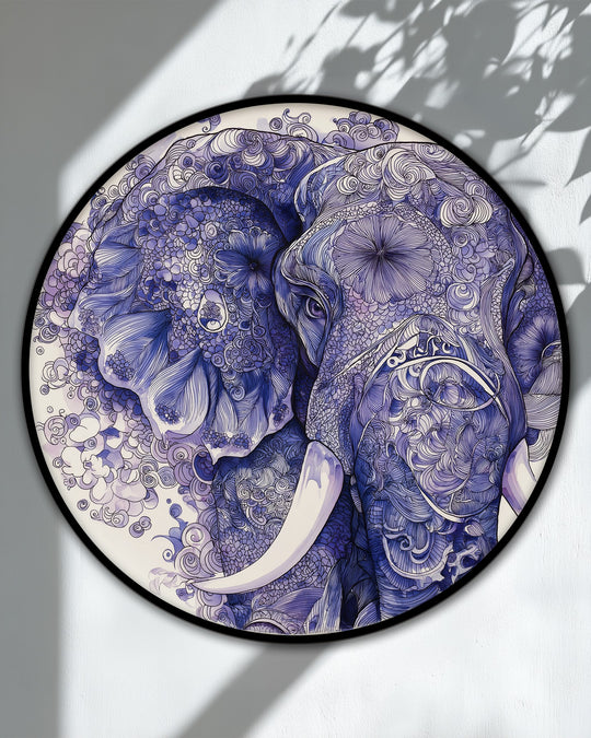 Depicting the framed canvas of an intricate blue elephant illustration, the artistry is visible in the transition between shades and swirling patterns.