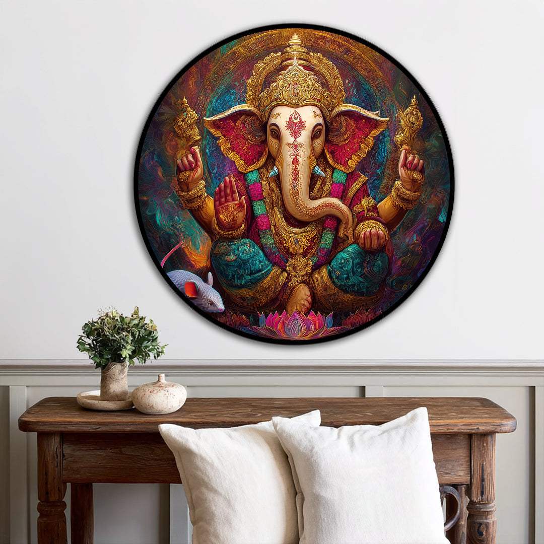 Evoking a sense of serenity, this radiant gold Ganesha oil painting decoration emanates divine energy, symbolizing prosperity and wisdom in a spiritual fine art style.