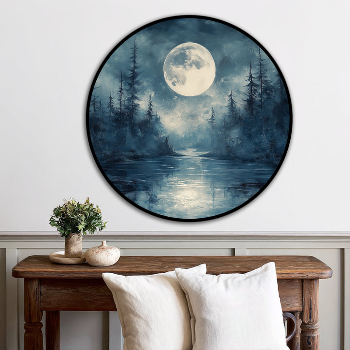 Waves of misty light ripple across the still water, evoking a tranquil sense of movement in this round oil painting wall art of a moonlit forest night.