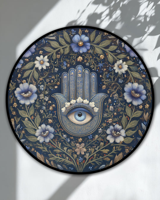 Stillness emanates from this floral hamsa eye round canvas print, a serene and high quality canvas prints radiating elegance and spiritual botanical wall art.