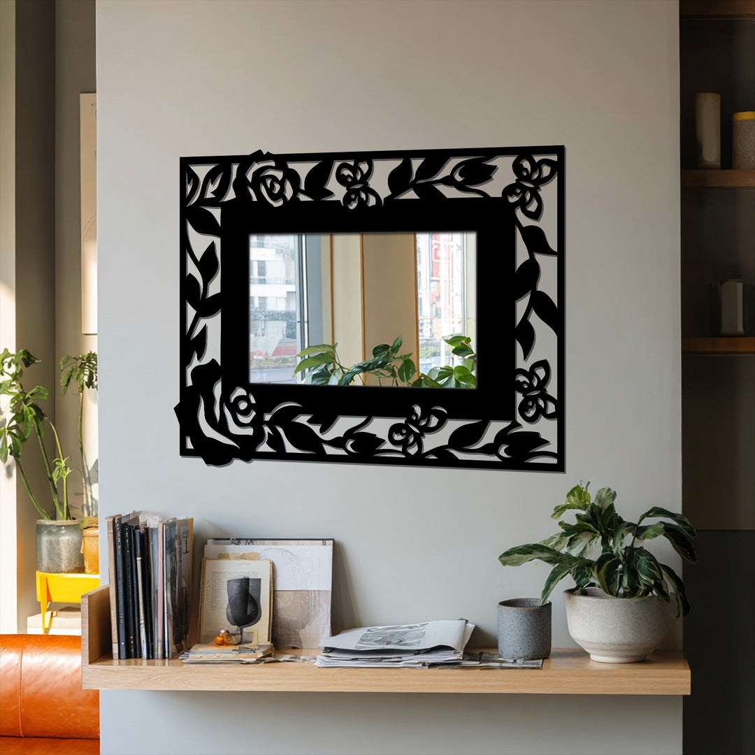 A calm and stylish interior showcases a floral butterfly frame metal wall mirror, adding decorative metal art to this relaxed, nature-inspired space.