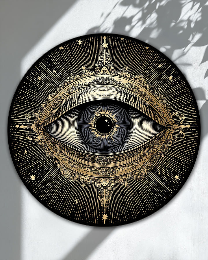 High-quality hanging canvas material showcases the vintage celestial wall art on this golden mystic eye round canvas print.