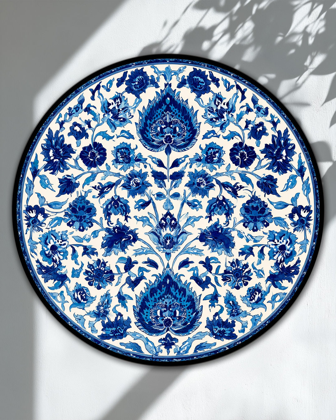 The brightest area highlights a classic decorative blue floral mandala design on a round canvas art prints, offering an elegant touch as a statement piece.