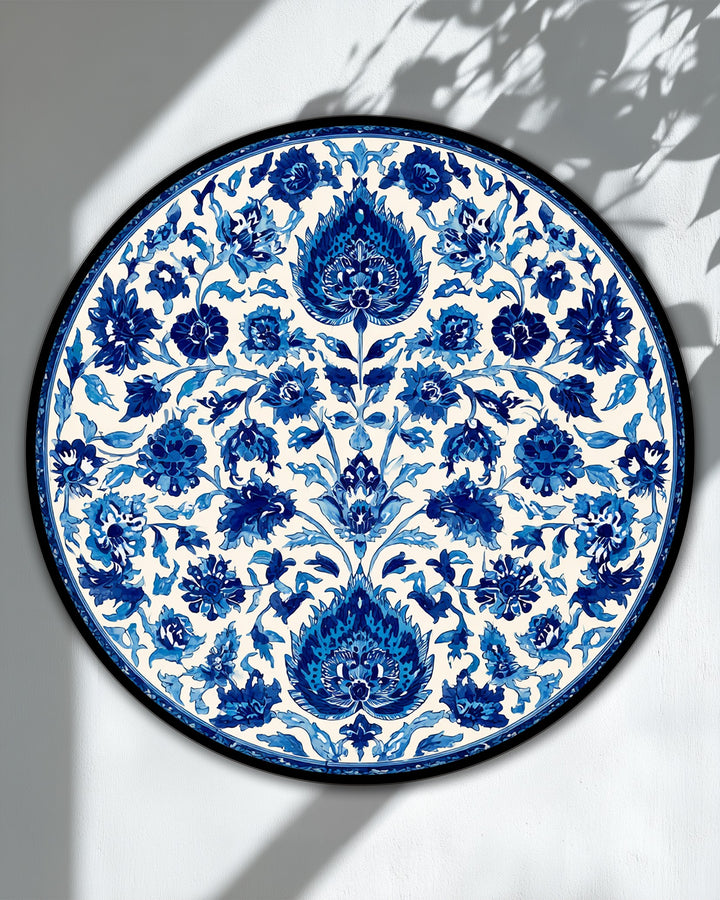The brightest area highlights a classic decorative blue floral mandala design on a round canvas art prints, offering an elegant touch as a statement piece.