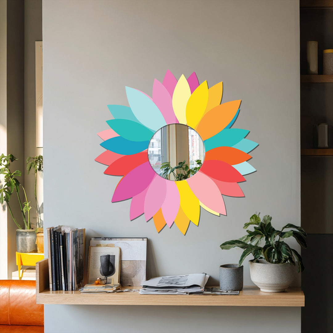 Vibrant floral design featuring a round metal wall mirror bursts with colorful petals, a dazzling example of decorative metal art.
