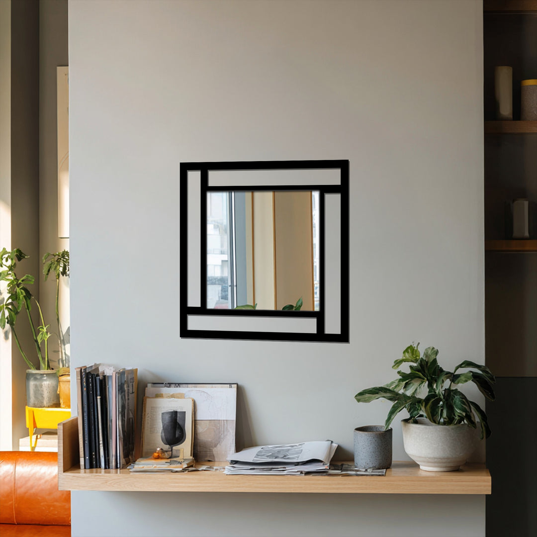 Subdued lighting emphasizes the geometric design of this framed, modern stained glass wall mirror, casting a contemplative mood in the room.