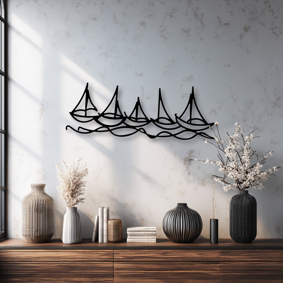 Experience the superior material quality of this sophisticated metal artwork, depicting five minimalist sailboats expertly crafted from durable metal.