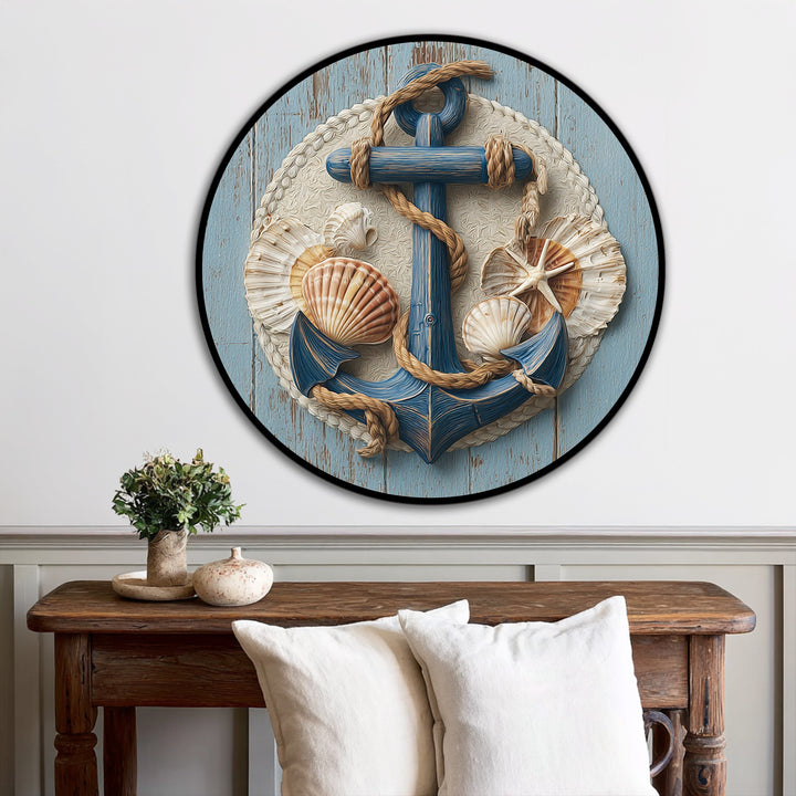 Exhibiting rich textures, the nautical anchor and seashell round coastal modern oil painting art demonstrates premium construction with intricate rope detailing.