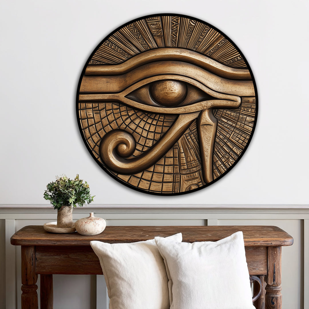 Curving lines and the spiral shape highlight the organic forms in this ancient vision, round Egyptian eye oil painting reproduction print on wood.
