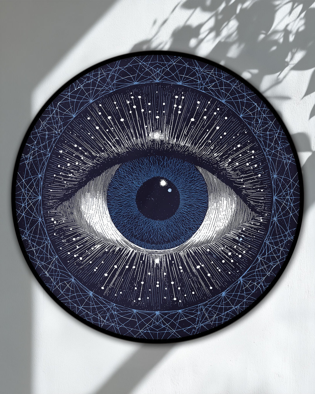 Visual rhythm is created through radiating lines and dots that draw the eye towards the center of this celestial abstract hanging canvas print.