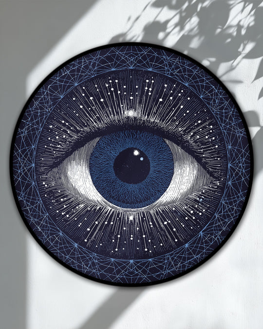 Visual rhythm is created through radiating lines and dots that draw the eye towards the center of this celestial abstract hanging canvas print.