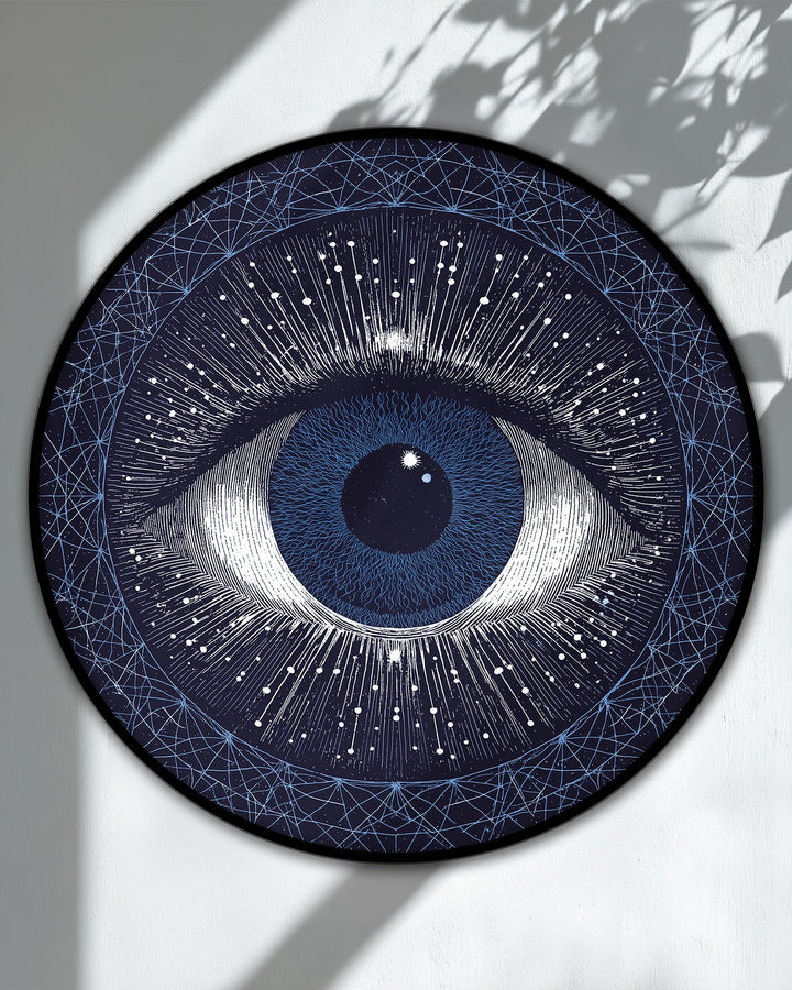 Visual rhythm is created through radiating lines and dots that draw the eye towards the center of this celestial abstract hanging canvas print.