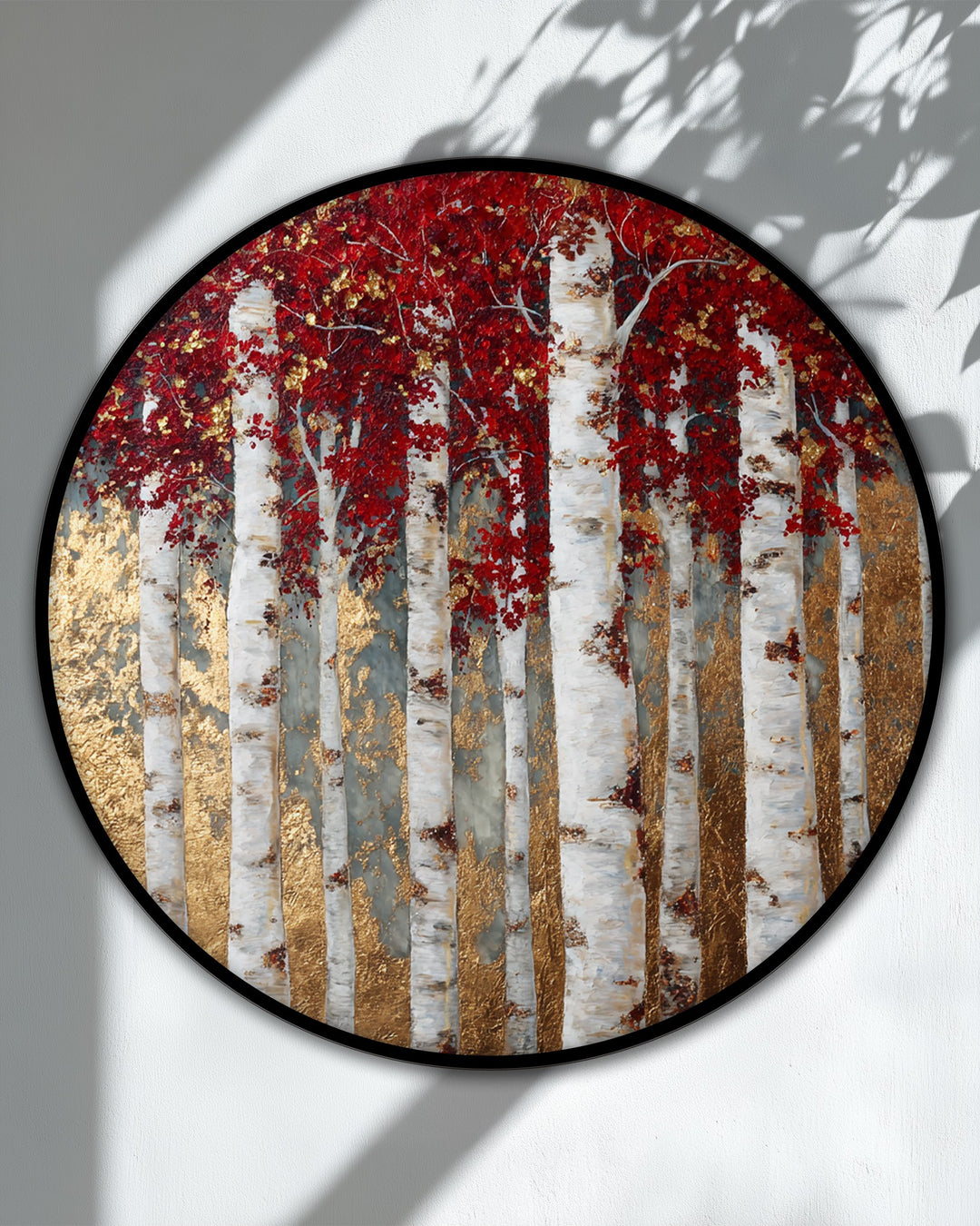 Foreground detail shows the golden birch forest round canvas artwork with distinctive red leaves, accentuating the textures of this nature wall art.