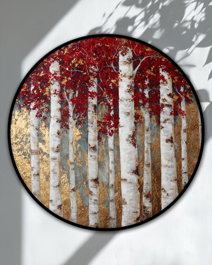 Foreground detail shows the golden birch forest round canvas artwork with distinctive red leaves, accentuating the textures of this nature wall art.