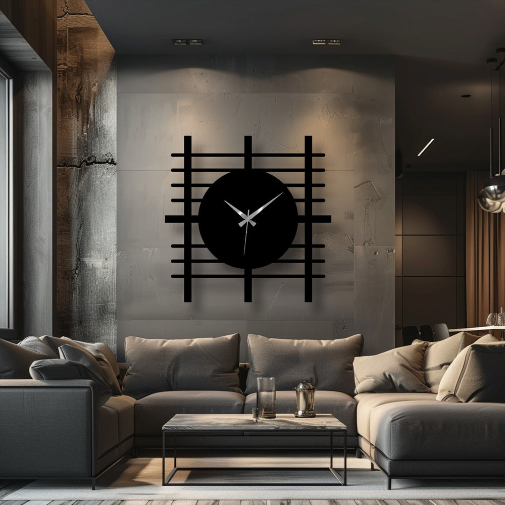 Horizontal, square, grid-patterned metal art for wall clock features a circular clock face against a gray backdrop in a contemporary living space.