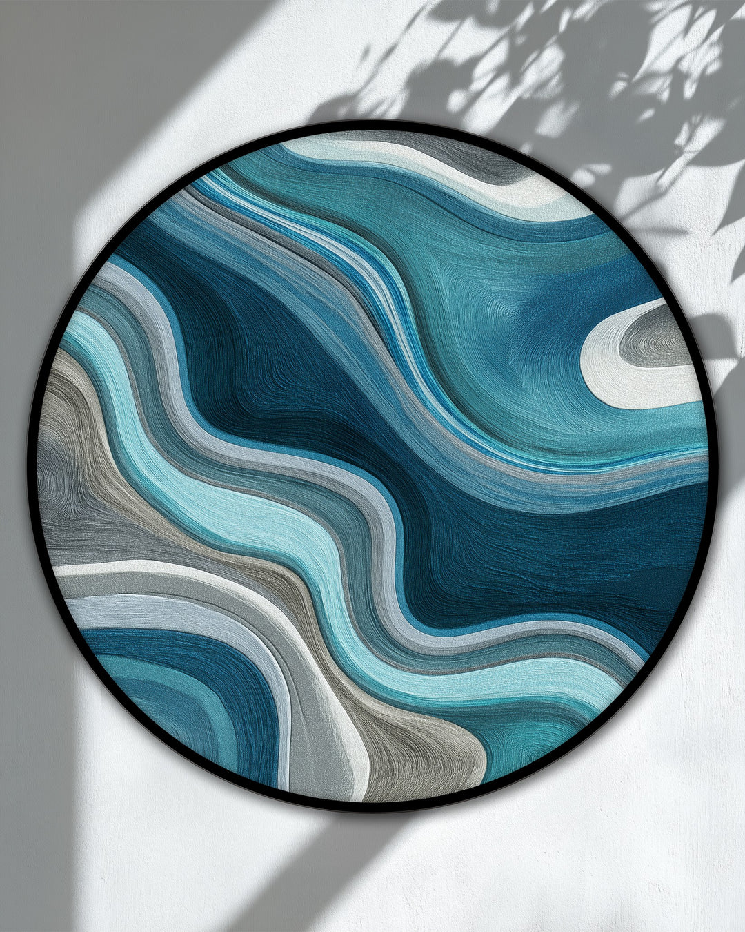 A sleek black edge frames the best canvas prints featuring fluid teal waves in a modern abstract art design.