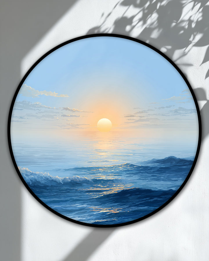 Foreground waves give way to a serene, sunlit horizon in this minimalist ocean sunrise round canvas print, creating a striking sense of depth and layers as a unique canvas print.