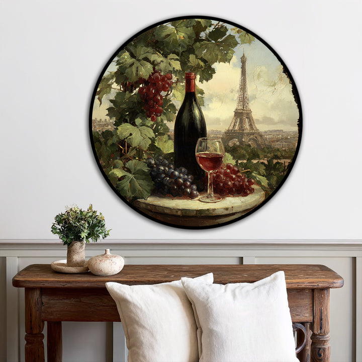 Impasto surface texture enhances the Paris Vineyard Still Life with Wine Bottle Round oil painting home decor, depicting a classically rendered vineyard scene.