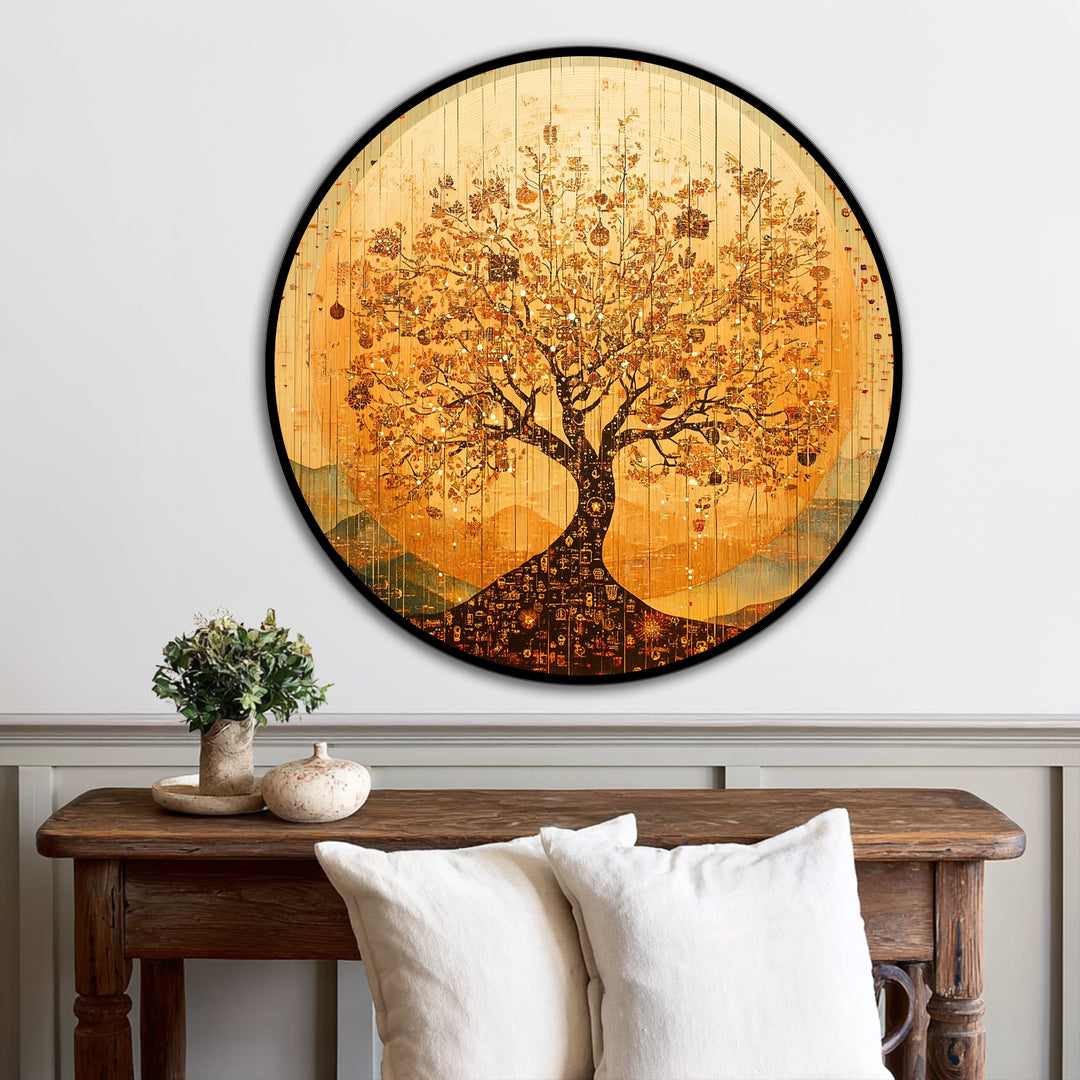 Illuminated by the brightest area, this golden Tree of Life showcases a radiant oil painting art piece, bringing symbolic growth and harmony to any space.