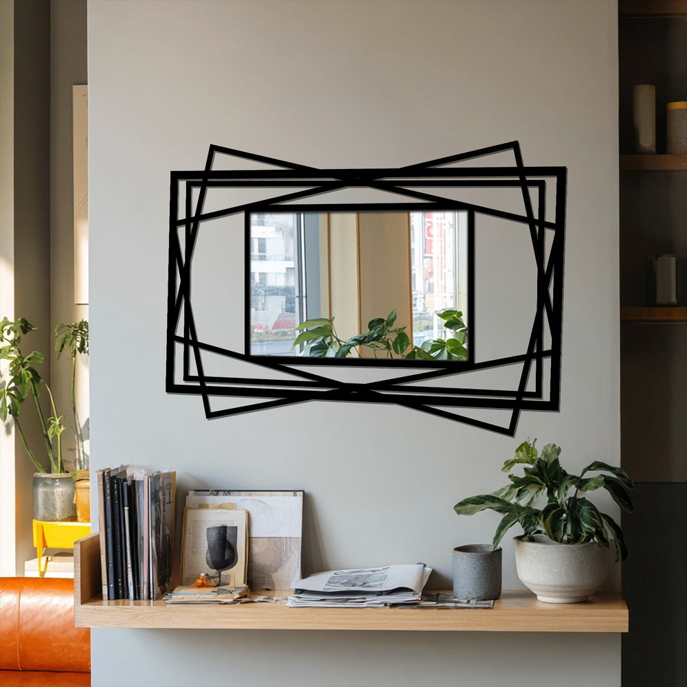 Intriguing reflection casts a modern mood with this decorative mirror, its layered geometric frame and black metal design adding depth to the home decor.