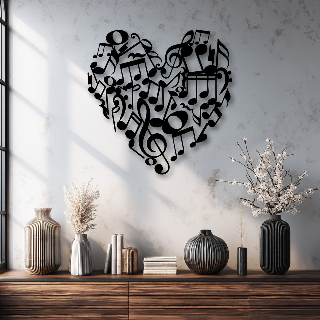 The layering effect of the black heart-shaped music notes metal art for wall creates a captivating shadow play on the textured background.